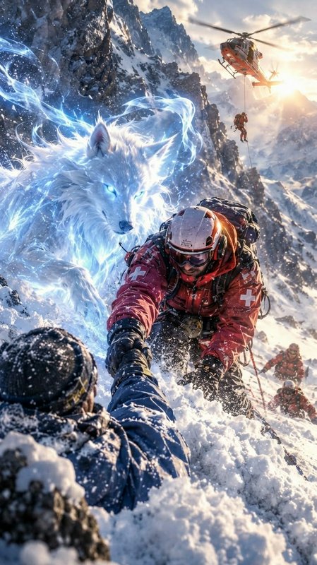 Mountain rescuer pulls a stranded climber to safety while a glowing icy wolf spirit looms over a ...