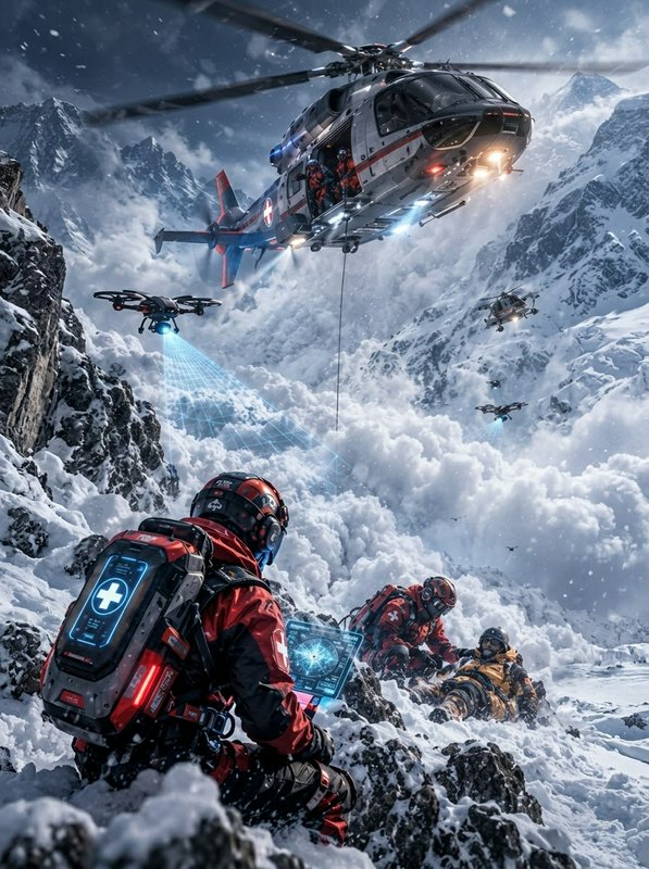 Futuristic alpine rescue team assists an injured climber alongside a hovering medevac helicopter ...
