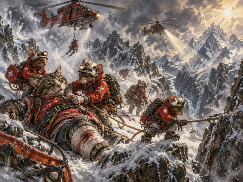 Anthropomorphic mouse mountain rescuers aid an injured tabby cat on a snowy alpine peak with resc...