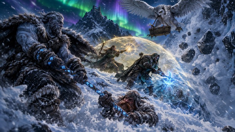 Frost giant and norse fantasy adventurers battle a snowy avalanche beneath glowing northern lights