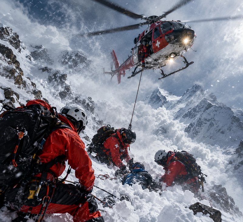 Mountain rescue team tends to an avalanche survivor as a rescue helicopter hovers over snowy alpi...