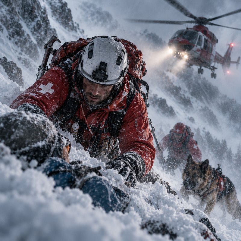 Mountain rescue worker reaches for an avalanche victim as a rescue helicopter, team, and search d...