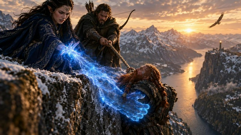 Elven sorceress casts glowing blue magic to rescue a hanging dwarf while an archer holds a rope o...