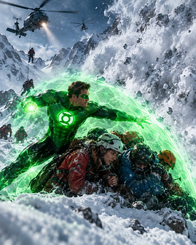 Green Lantern conjures a glowing green energy shield to protect trapped climbers from a crashing mountain avalanche