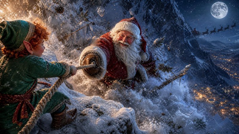Christmas elf pulls Santa Claus up a snowy mountain cliff with a rope under a glowing full moon