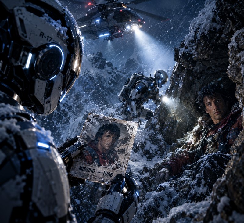 Futuristic humanoid rescue robots locate a long-missing climber in a snowy mountain cave during a storm
