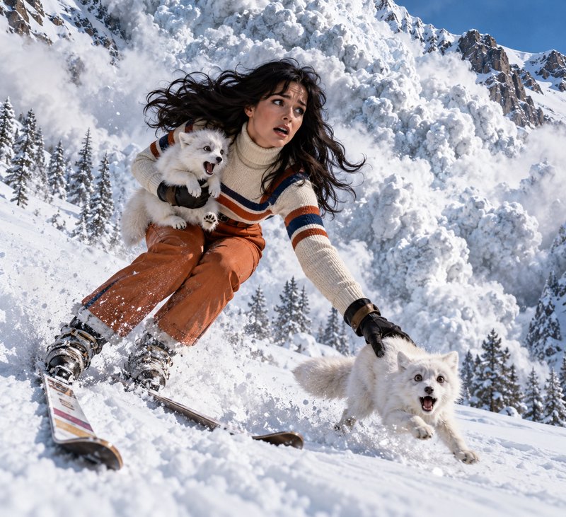Alarmed female skier holds one arctic fox and reaches for another as an avalanche surges behind her