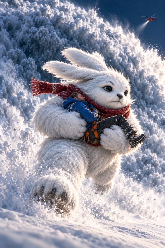 Giant fluffy white rabbit carries an injured hiker down a snowy avalanche slope as a rescue helic...