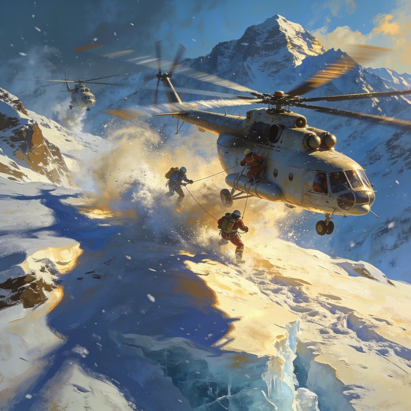 Rescue team members rappel from hovering helicopters onto a snowy high mountain peak