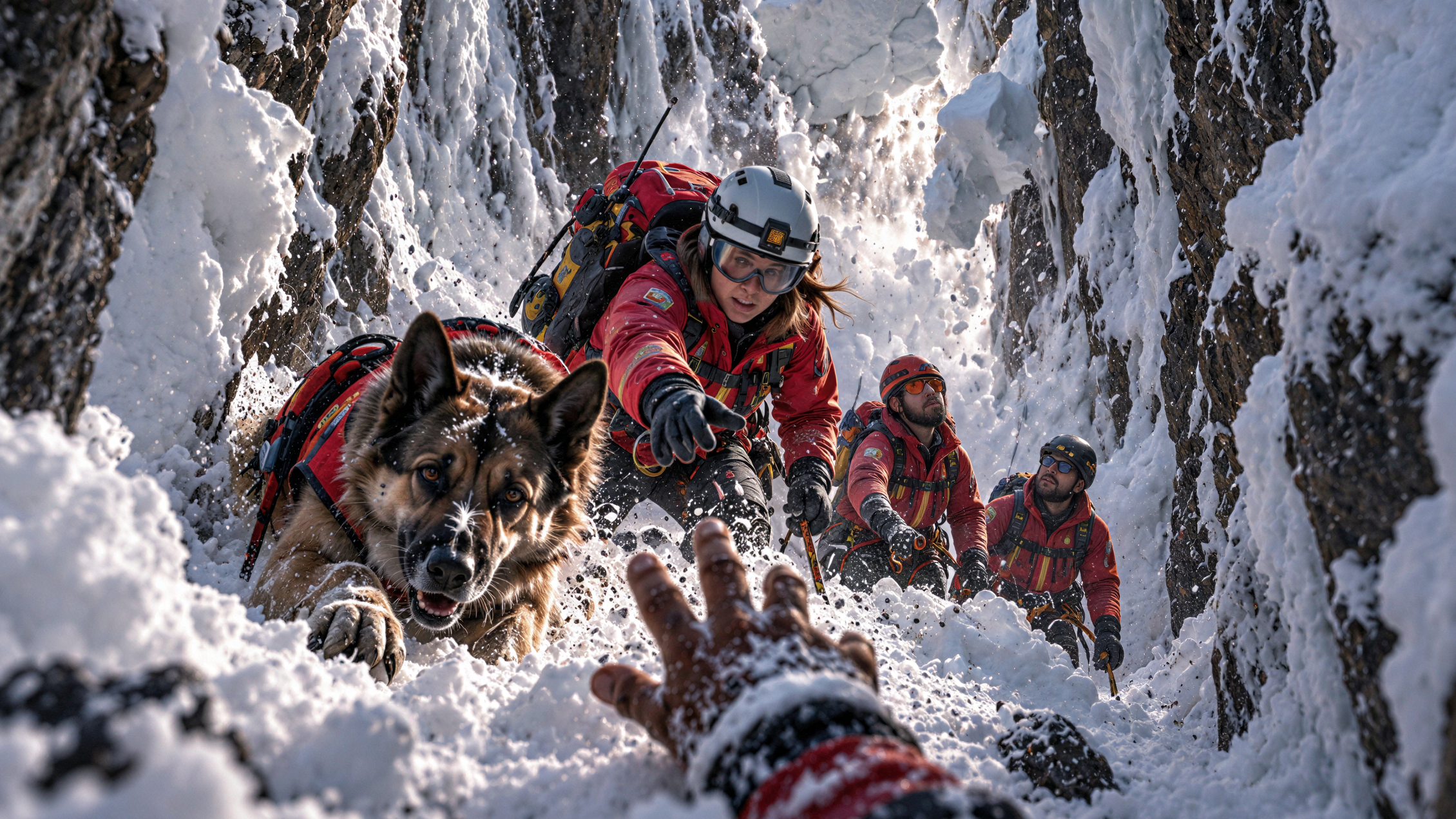 Mountain rescue team with avalanche dog reaches to pull a trapped climber from a snowy rocky crevice