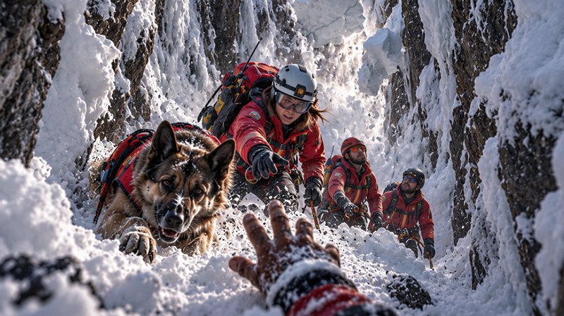 Mountain rescue team with avalanche dog reaches to pull a trapped climber from a snowy rocky crevice