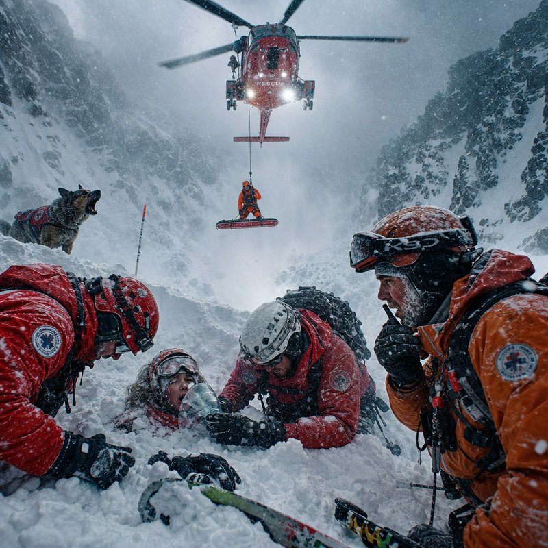 Mountain rescue team assists an avalanche victim as a rescue helicopter hovers during a heavy sno...
