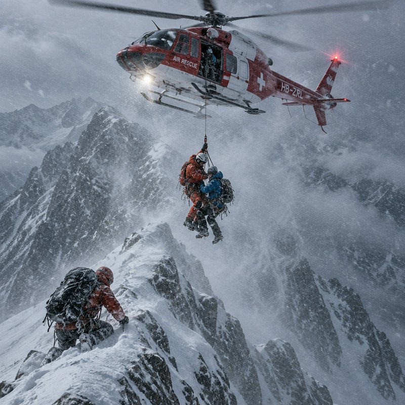 Air rescue helicopter hoists climbers from a snow covered mountain peak during a winter storm