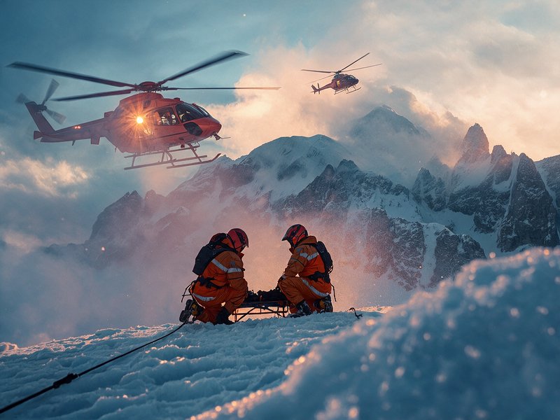 Mountain rescue team tends to a stretcher on a snowy alpine peak as rescue helicopters hover nearby