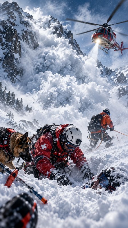 Mountain rescue team with avalanche dog digs for buried skier as rescue helicopter hovers during ...