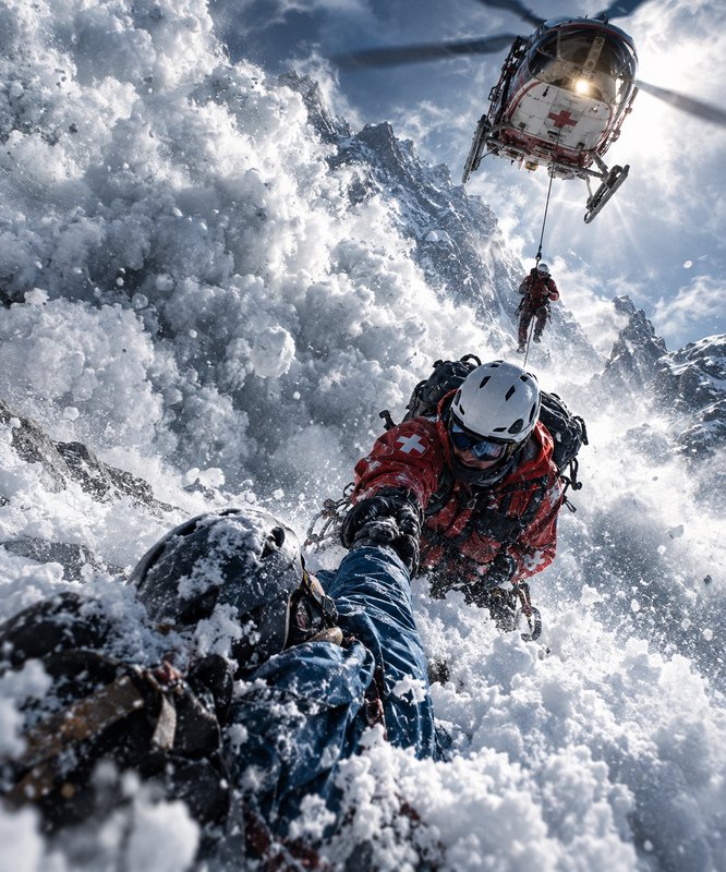 Mountain rescuer pulls a stranded climber from an avalanche as a rescue helicopter hovers overhead