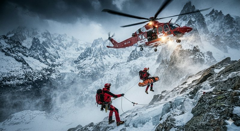 Red rescue helicopter hoists a rescue team and stretcher during a high altitude alpine mountain r...