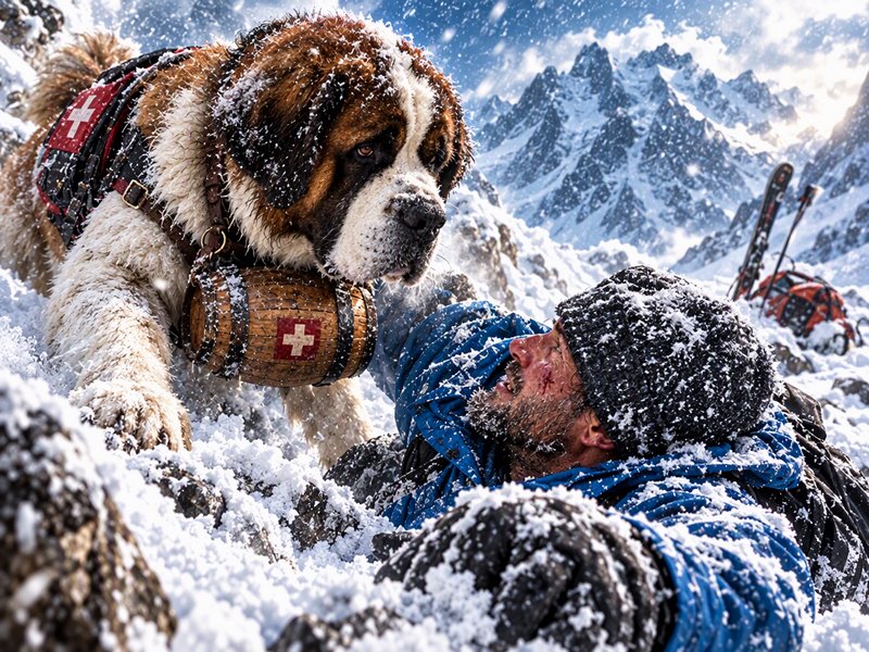 St Bernard rescue dog stands over an injured climber on a snow-covered alpine mountain during a s...