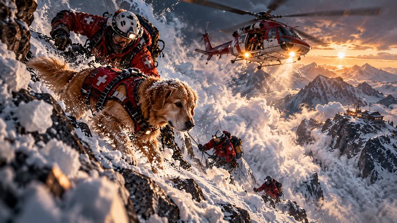 Mountain rescue team with avalanche dog climbs steep snowy alpine slope as rescue helicopter hovers at golden sunset