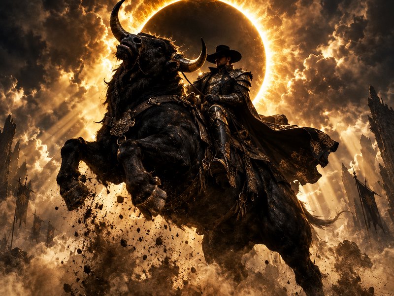 Armored wide-hatted rider atop a rearing horned bull backlit by a glowing total solar eclipse