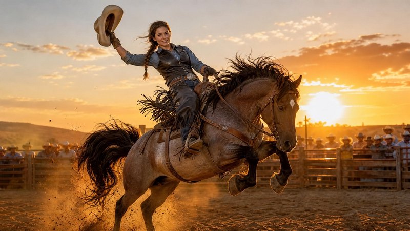 Smiling cowgirl waves her hat while riding a rearing bucking horse at a sunset rodeo arena
