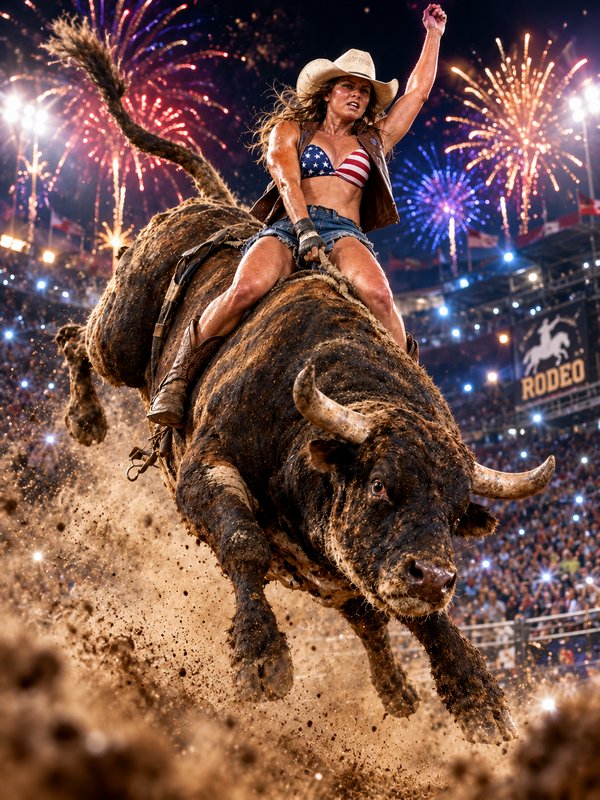 Female bull rider holds her arm aloft riding a bucking bull under fireworks at a night rodeo