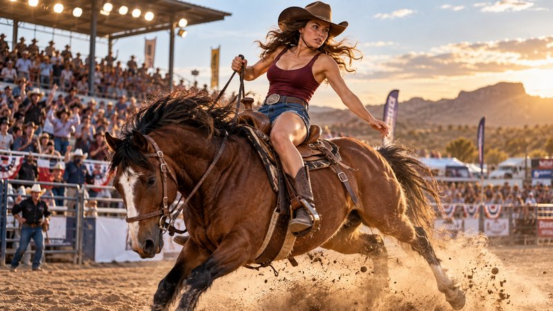 Cowgirl riding a bucking brown horse at a packed outdoor rodeo during golden hour sunset