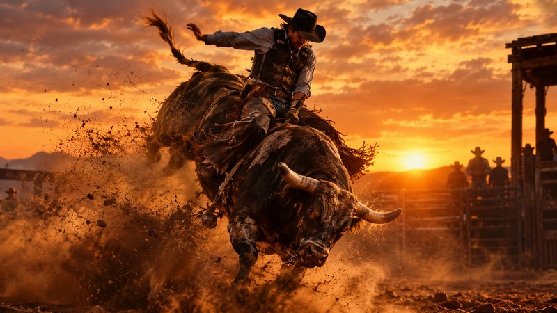 Cowboy bull rider balances on a violently bucking longhorn bull at a golden sunset rodeo