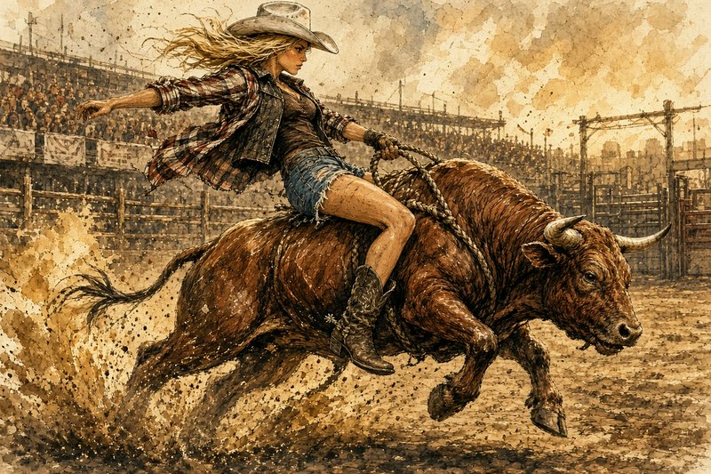 Cowgirl bull rider balances on a bucking brown bull inside a packed dusty rodeo arena