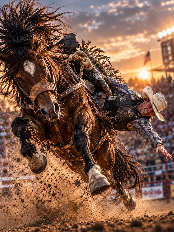 Rodeo cowboy clinging to a powerful bucking bronc kicking up arena dirt at golden hour sunset
