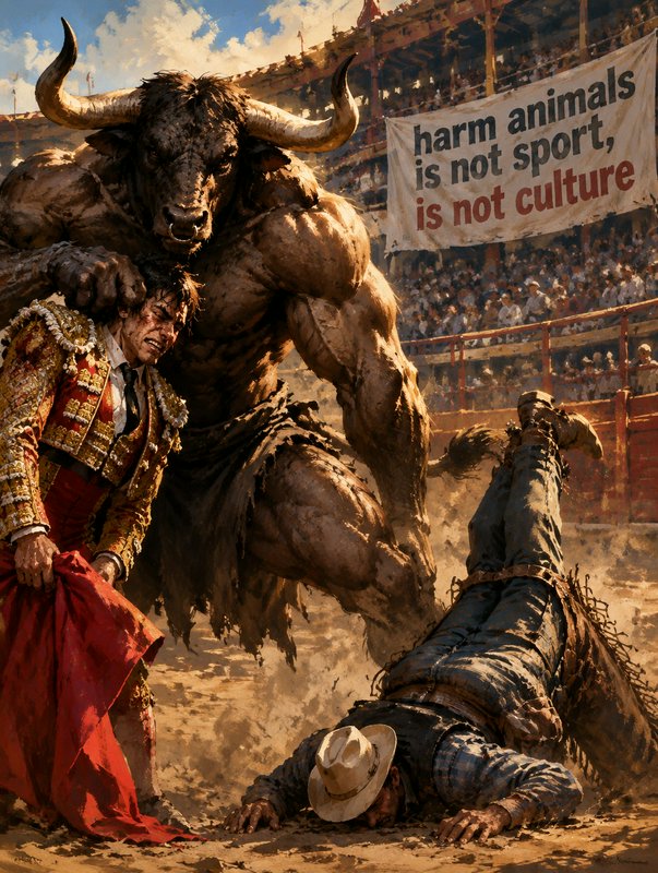 Muscular minotaur overpowers a matador in a bullring under an anti-bullfighting protest banner