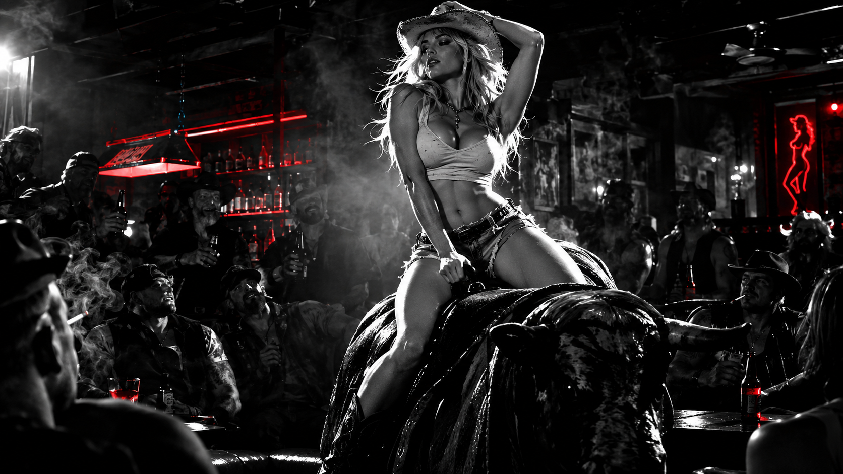 Blond cowgirl riding a mechanical bull in a crowded smoky western dive bar
