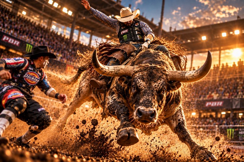 Professional bull rider stays mounted on a bucking longhorn bull during a lively sunset rodeo event