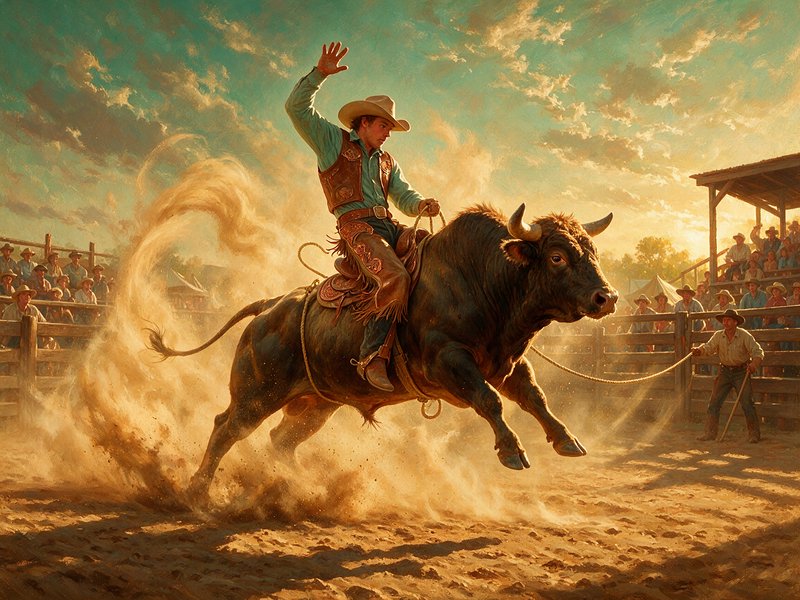 Cowboy bull rider balances on a bucking bull kicking up dust in a sunset rodeo arena