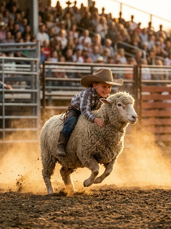 Grinning young boy in a cowboy hat rides a galloping sheep during a mutton busting rodeo event