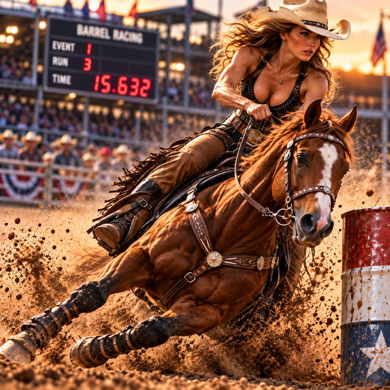 Female cowgirl leaning into a tight barrel turn on her chestnut horse during a rodeo barrel racin...