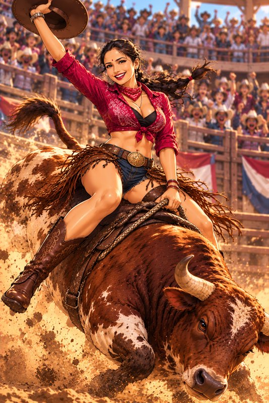 Smiling cowgirl waves her hat while riding a bucking spotted bull at a crowded sunny rodeo