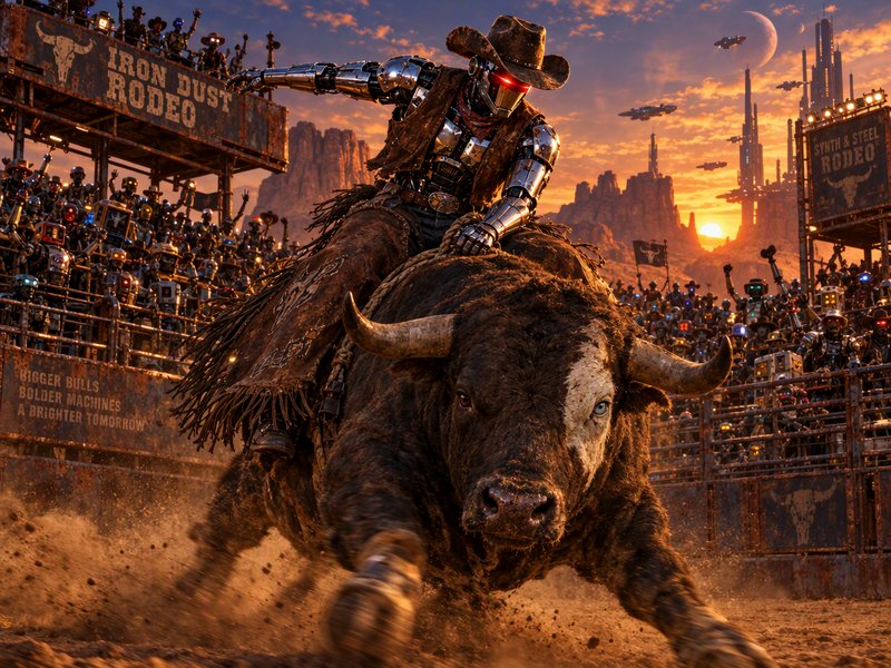 Cybernetic robot cowboy rides a bucking bull at a futuristic desert rodeo at sunset