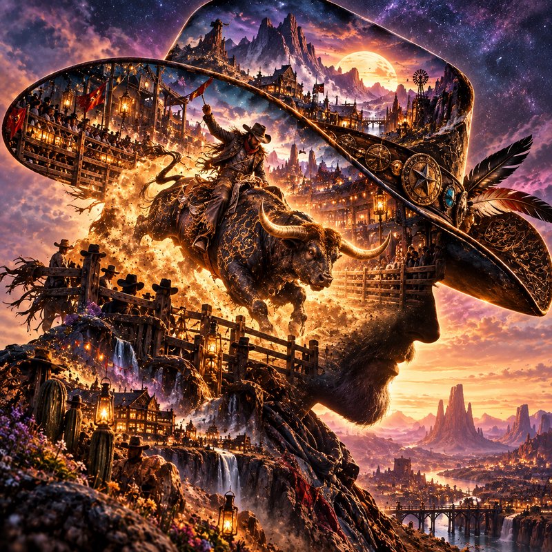 Surreal double exposure western art merging a cowboy profile with a bull riding rodeo and fantasy...