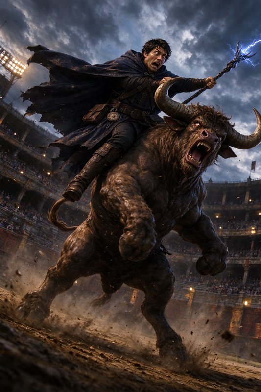 Panicked mage holding a lightning staff rides a rampaging roaring minotaur through a stormy coliseum