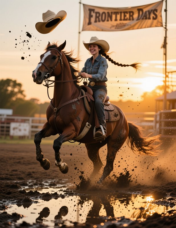 Smiling cowgirl rides a galloping brown horse through muddy rodeo turf at golden sunset, a cowboy hat flies overhead