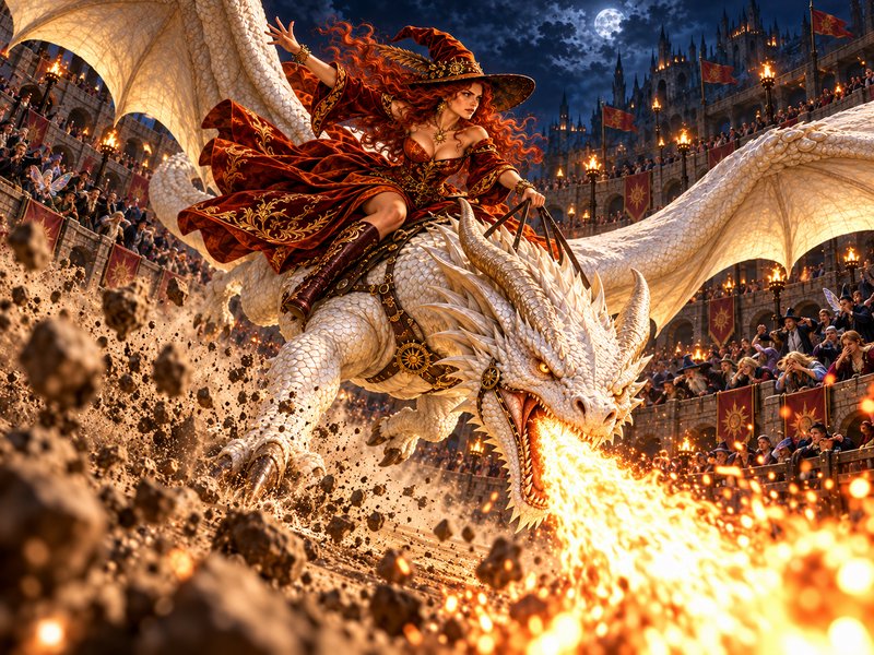 Red-haired fantasy witch rides a fire-breathing white dragon charging through a torchlit medieval coliseum at night