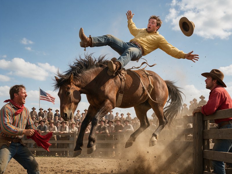 Shocked cowboy flies mid-air off a bucking bronco during a sunny outdoor wild west rodeo