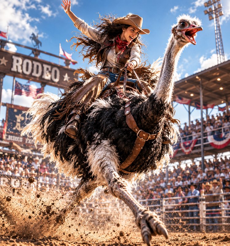 Grinning cowgirl rides a bucking ostrich mid-competition at a sunny outdoor dirt rodeo