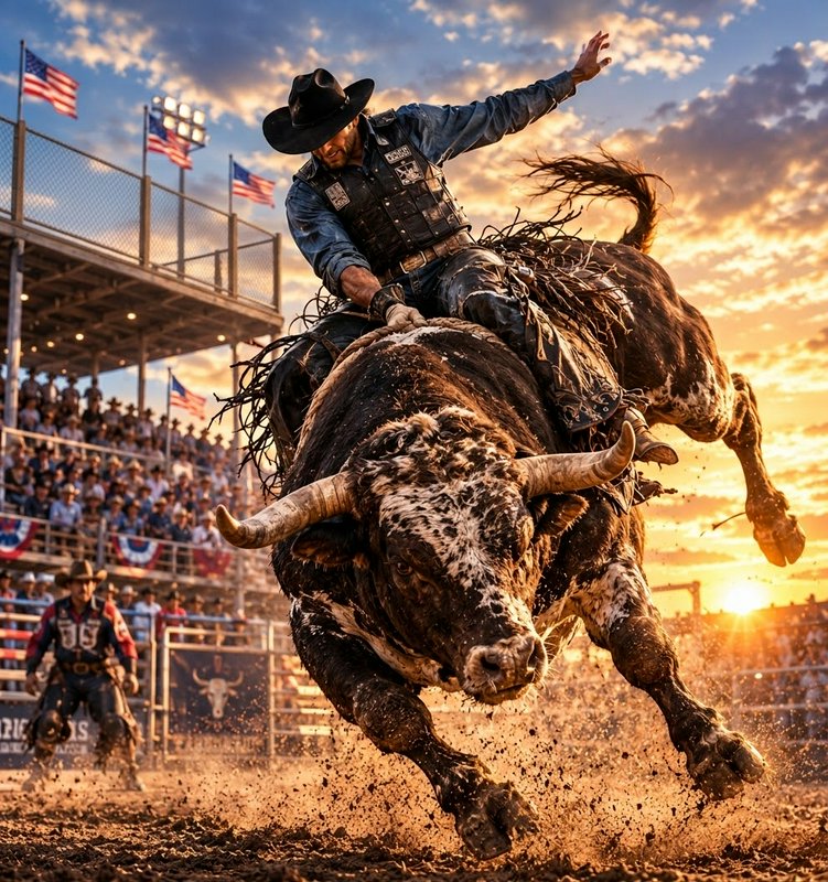 Bull rider balances on a bucking bull in a packed outdoor rodeo arena at golden sunset