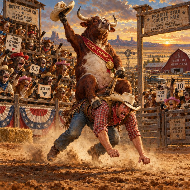 Anthropomorphic rodeo champion bull rides a cowboy as cheering cow spectators watch at sunset fai...