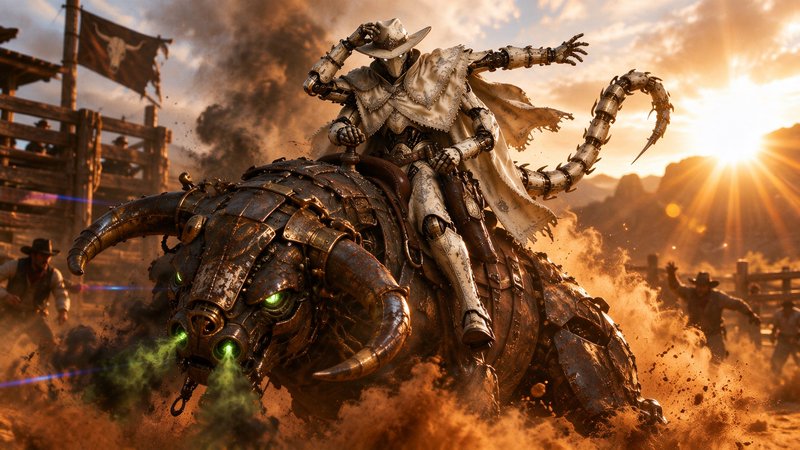 Robotic cowboy riding a glowing mechanical bull at a dusty wild west sunset rodeo