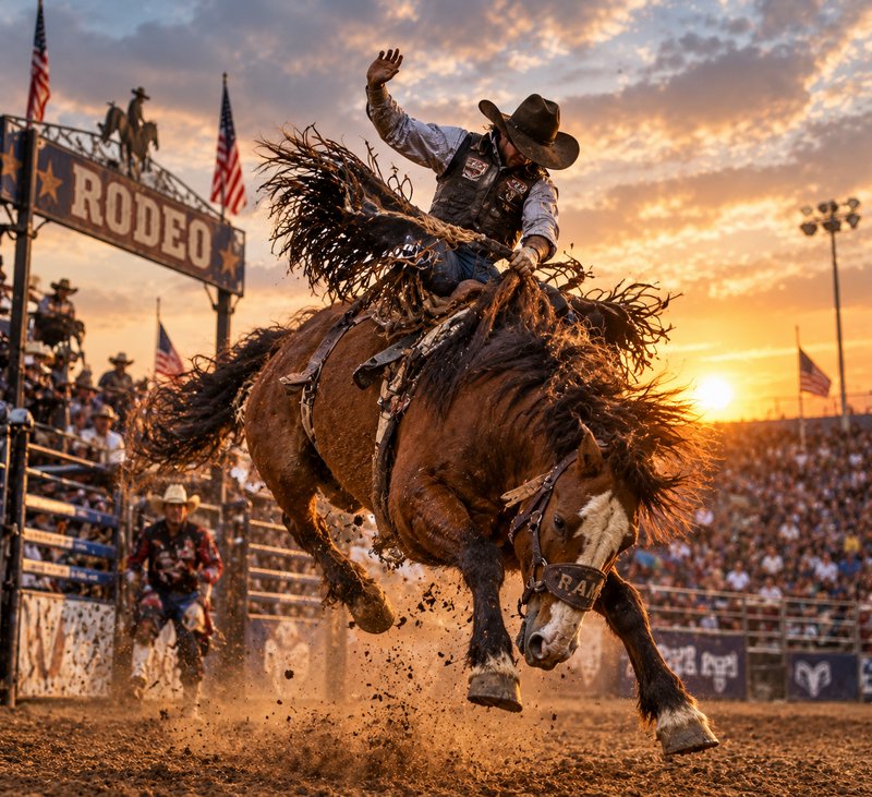 Saddle bronc rider balances on a powerful bucking horse during a golden hour outdoor rodeo
