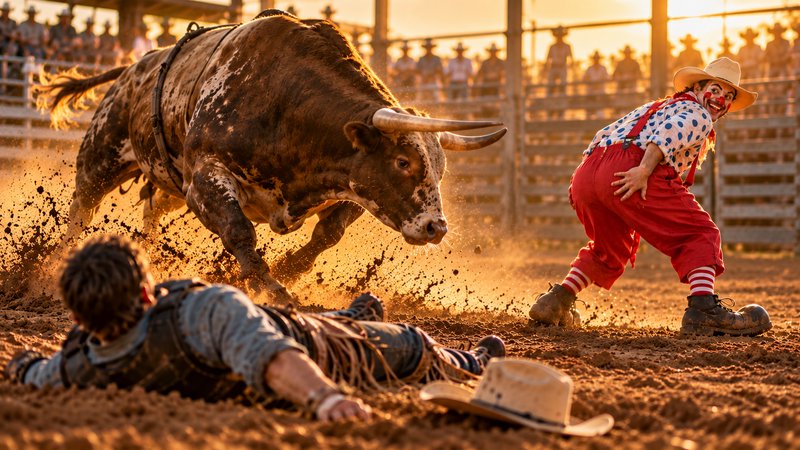Charging rodeo bull approaches a fallen rider as a rodeo clown moves to intervene at golden hour sunset.
