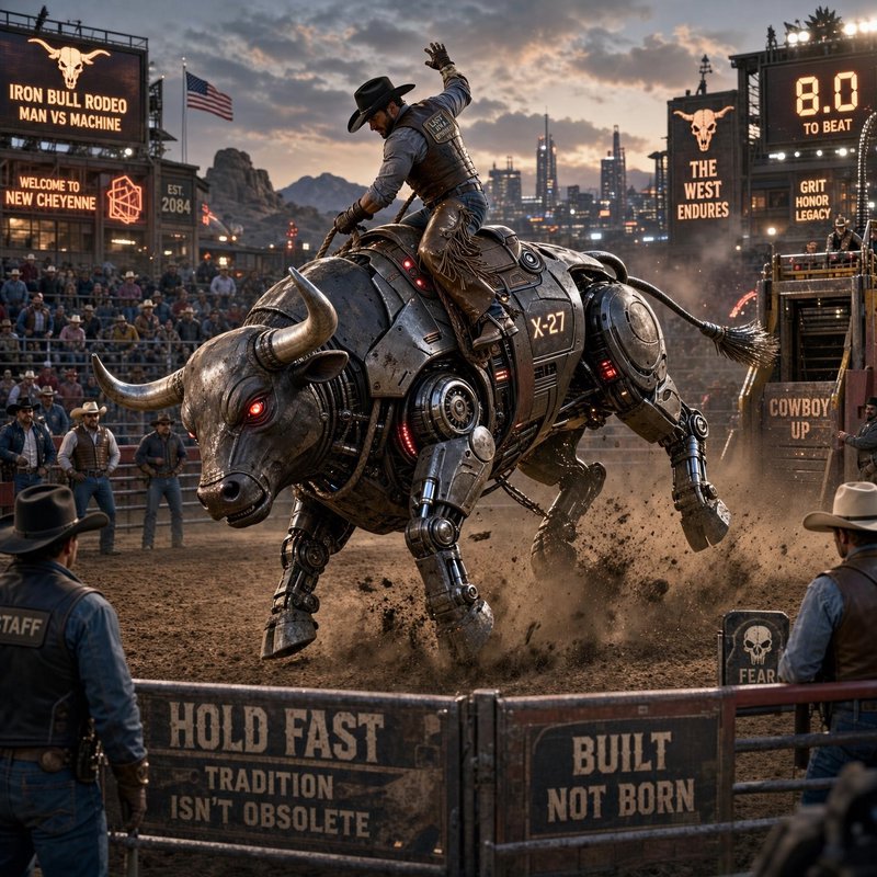 Cowboy bull riding a large weathered robotic mechanical bull at a futuristic cyberpunk rodeo